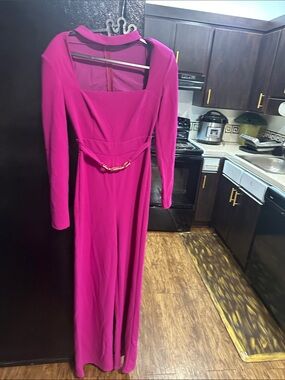 Magenta Long-Sleeve Jumpsuit with Decorative Chain Waist